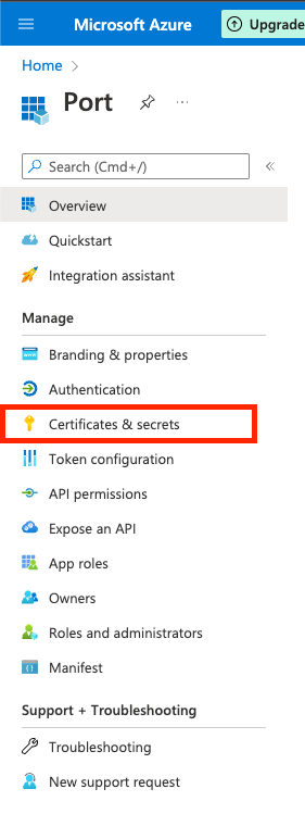 Azure application certification and secrets button
