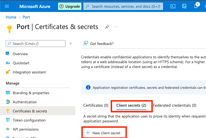 Azure application client secrets button