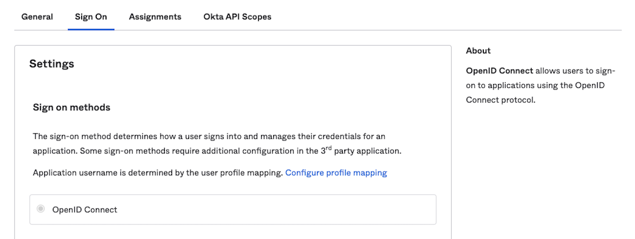 Okta application sign-on settings