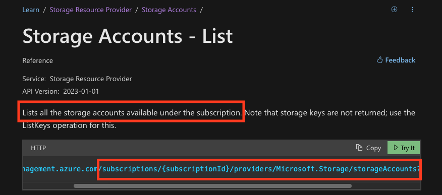 Storage Account List API